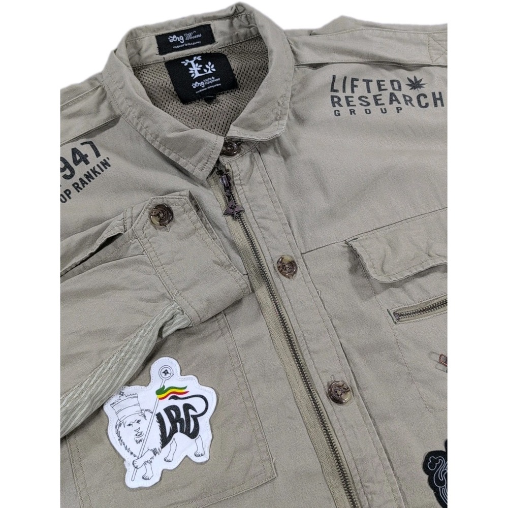 LRG Shirt Jacket Mens 3XL Khaki Linen Cotton Full Zip Rasta Patches Vintage